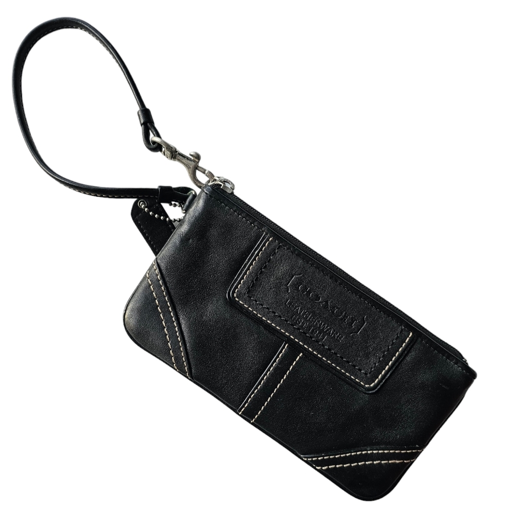 Coach Black Genuine Leather Wristlet with Contrasting Stitching